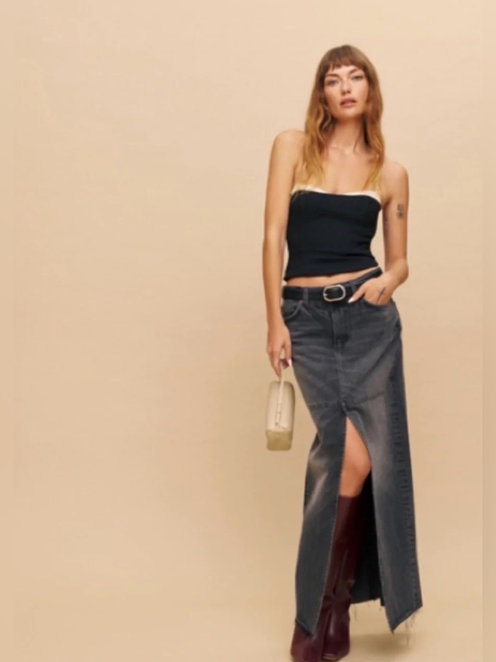 REFORMATION Tazz Denim Maxi Skirt Black Gray Organic Cotton Sz 24